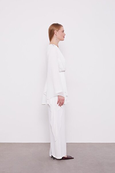 Levidor Ecru Stone Embroidered Chiffon Double Set