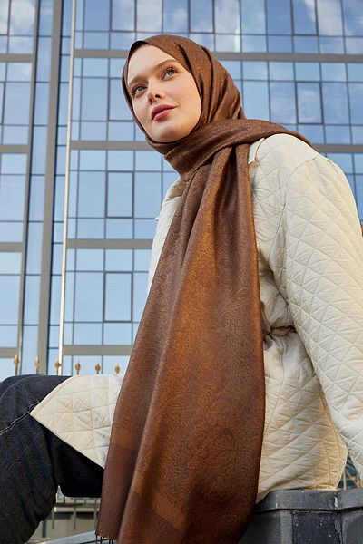 Levidor Ethnic Cashmere Silk Shawl με φούντες καφέ