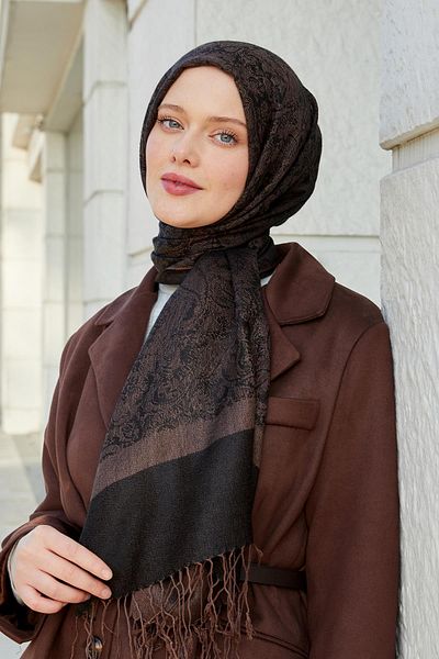 Levidor Bitter Brown Tasseled Ethnic Cashmere Silk Shawl