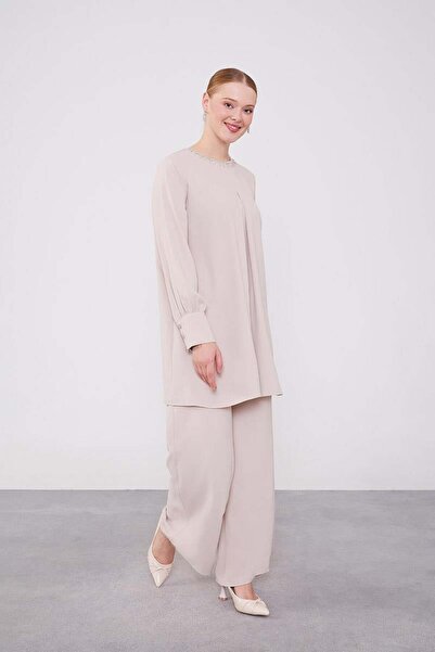 Levidor Beige Chiffon Tunic Suit with Stone Embroidered Collar