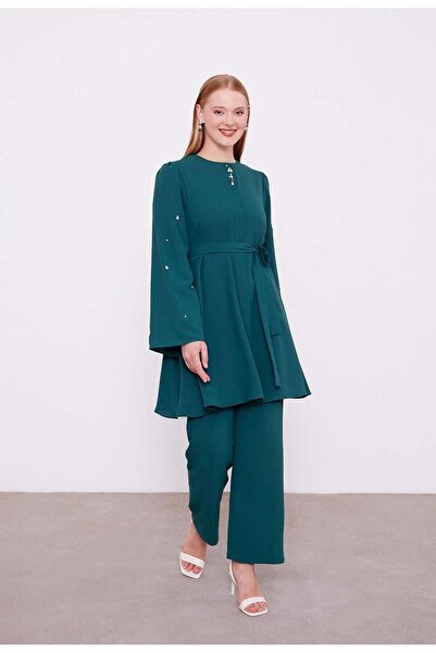 Levidor Emerald Crew Neck Stone Detailed Double Set