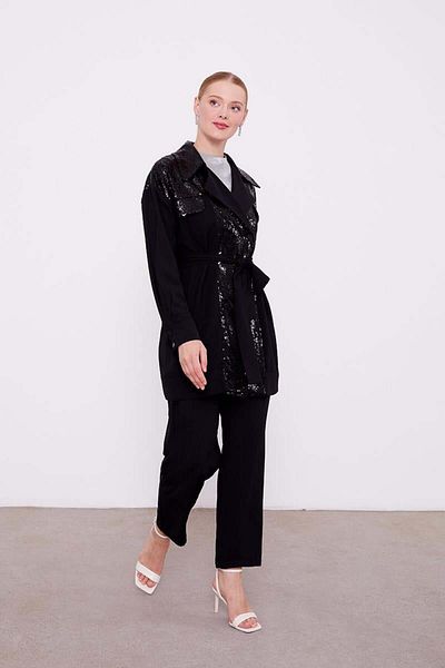 Levidor Black Sequin Embroidered Belt Tie down Jacket Set