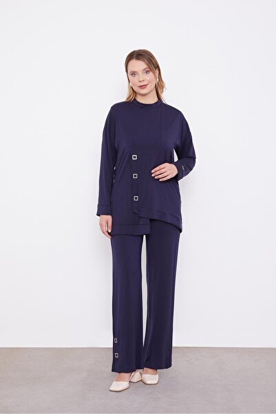 Levidor بدلة مزدوجة ذات قصة غير متماثلة باللون الأزرق الداكن