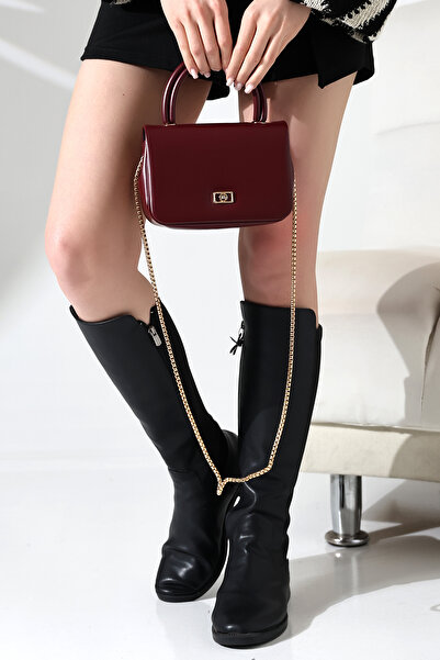 Encool Bordo Küçük Kutu Model Gold Zincir Askılı -kulplu-kadın El Ve Omuz Çan...