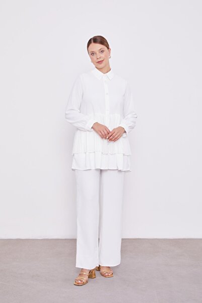 Levidor Ecru Chiffon Pleated Shirt Double Set
