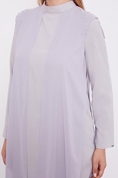 Levidor Gray Chiffon Shoulder Embroidered Double Suit