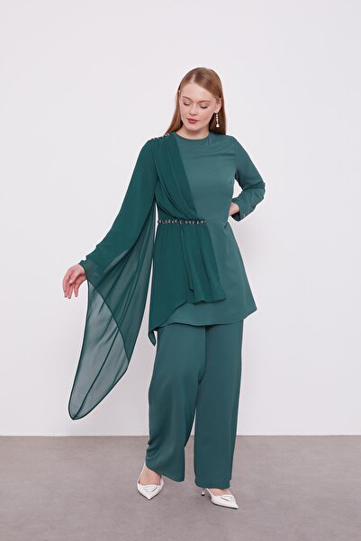 Levidor Red Green Stone Embroidered Chiffon Double Set