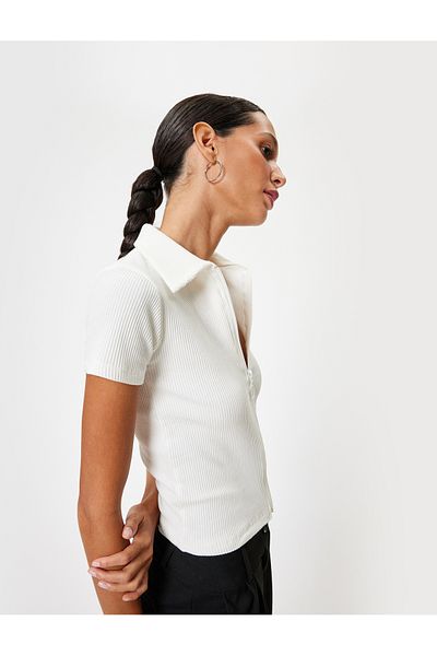 Koton Cotton Polo Collar Textured T-Shirt - Half Zipper, Short Sleeve