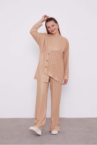 Levidor K.Beige Asymmetrical Cut Crow's Feet Patterned Tunic Suit
