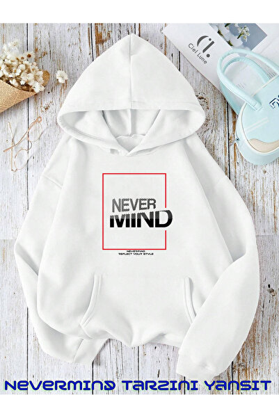 NEVERMIND Nevermind Slogan Unisex Oversize φούτερ με κουκούλα - 3 κλωστές