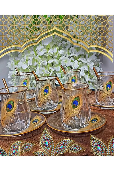 SAMSA عرض شاي 6 أشخاص بنمط ريش الطاووس الذهبي