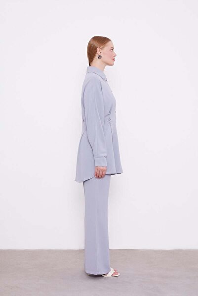 Levidor A.Gray Stone Crepe Detailed Tunic Suit