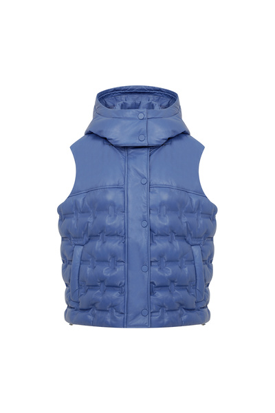 Desa Anitra Mavi Kadın Kapüşonlu Puffer Deri Yelek