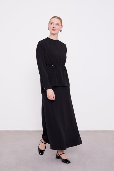 Levidor Black Gathered Waist Pleated Skirt Set