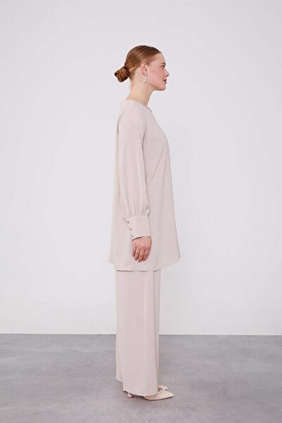 Levidor Beige Chiffon Tunic Suit with Stone Embroidered Collar