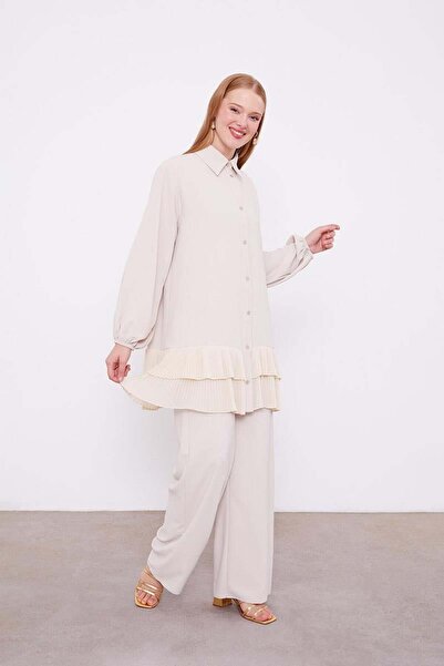 Levidor Beige Skirt Pleated Shirt Collar Tunic Set