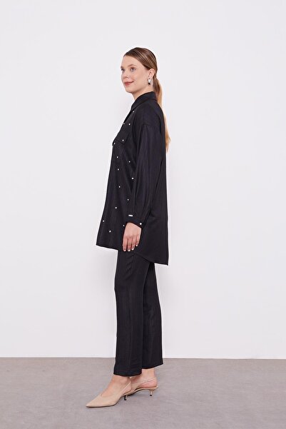 Levidor Black Stone Embroidered Melange Shirt Double Set