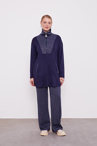 Levidor Dark Blue Glitter Detailed Cashmere Double Set
