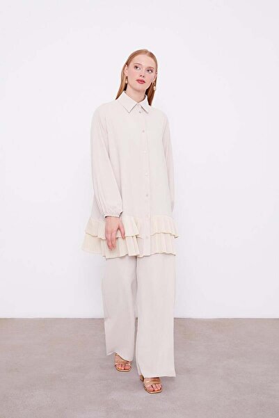 Levidor Beige Skirt Pleated Shirt Collar Tunic Set