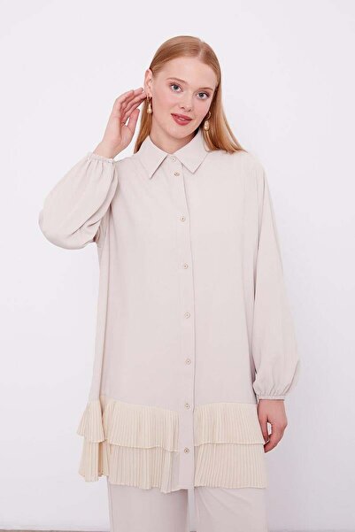 Levidor Beige Skirt Pleated Shirt Collar Tunic Set