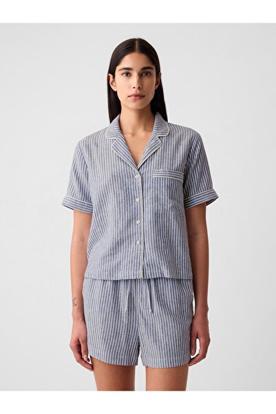 GAP Kadın Mavi Keten Karışımlı Pijama Üstü