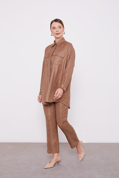 Levidor Latte Stone Embroidered Melange Shirt Double Set
