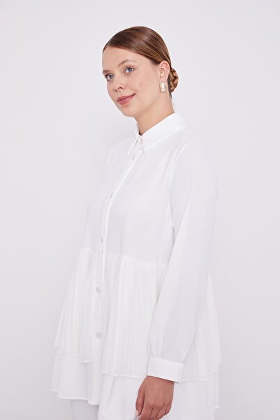 Levidor Ecru Chiffon Pleated Shirt Double Set