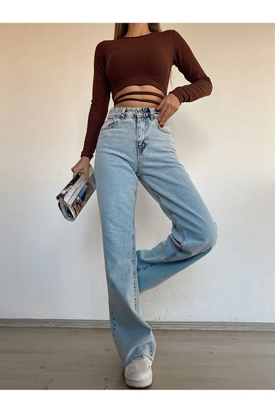 LİMABEL Santa 90's Light Blue High Waist Palazzo Wideleg Jean Women's P Lycra Women's Gathering Jeans