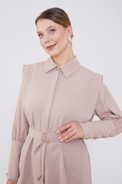 Levidor K.Beige Belt Detailed Chiffon Double Set