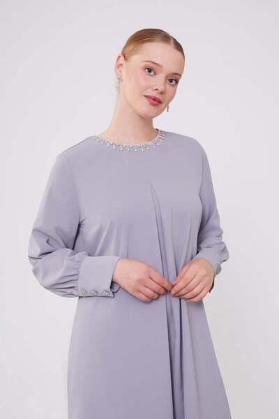 Levidor Gray Chiffon Tunic Suit with Stone Embroidered Collar