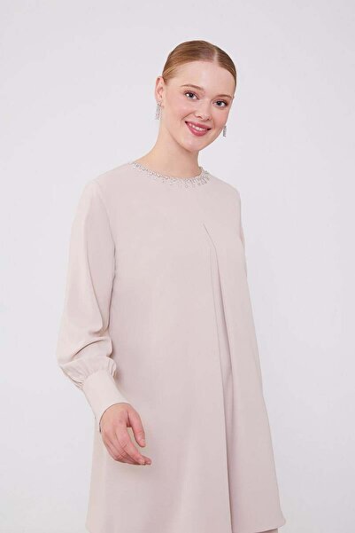 Levidor Beige Chiffon Tunic Suit with Stone Embroidered Collar