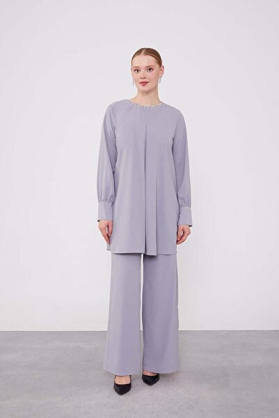 Levidor Gray Chiffon Tunic Suit with Stone Embroidered Collar