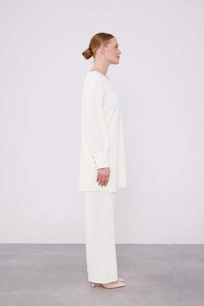 Levidor Ekru Yakası Taş İşlemeli Şifon Tunik Takım