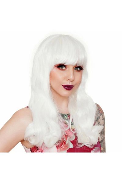 CEKAVE White Color Wavy Long Party Wig with Bangs