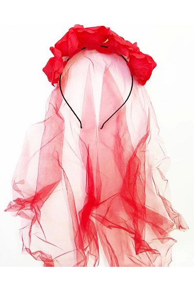 CEKAVE Halloween Party Creepy Crown with Red Color Roses and Red Veil