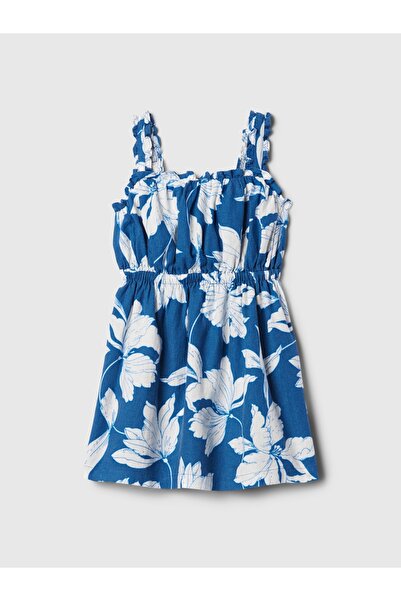 GAP Kız Bebek Mavi Çiçek Desenli Keten Karışımlı Elbise