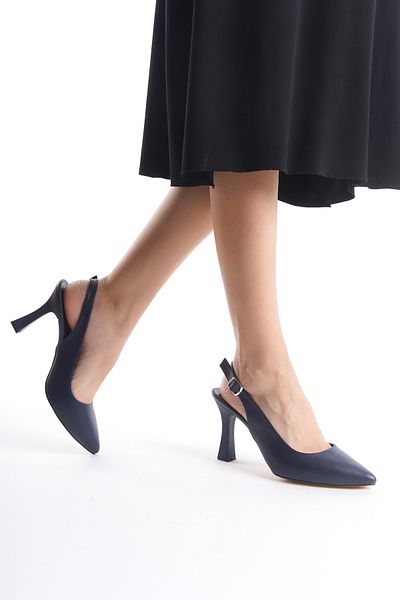 YASEMİN Pantofi cu toc clasic de 8 cm pentru femei, piele albastru bleumarin, cu cataramă deschisă la spate, cu vârf ascuțit - Rhaella
