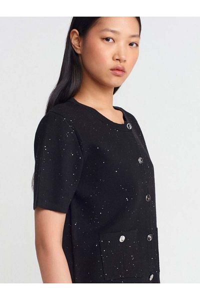 Dilvin 60920 Crew Neck Sequin Button Pocket Knitwear Cardigan-Black