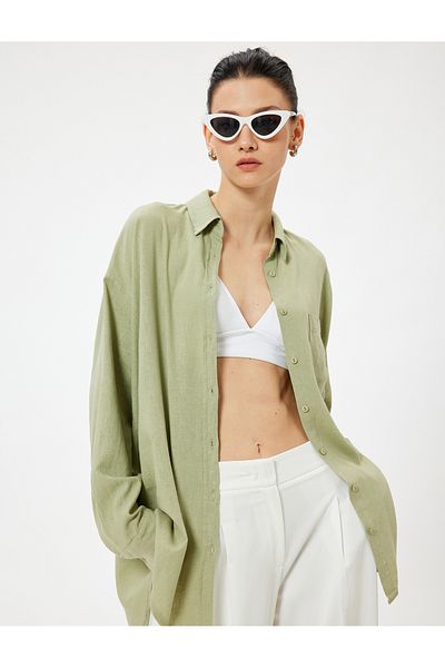 Koton Langärmliges, übergroßes Strandkleid aus Leinen – Hemdkragen und Taschendetail