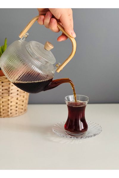 ECO KİTCHEN 800 ml Bamboo Handle Glass Strained Teapot - Heat Resistant