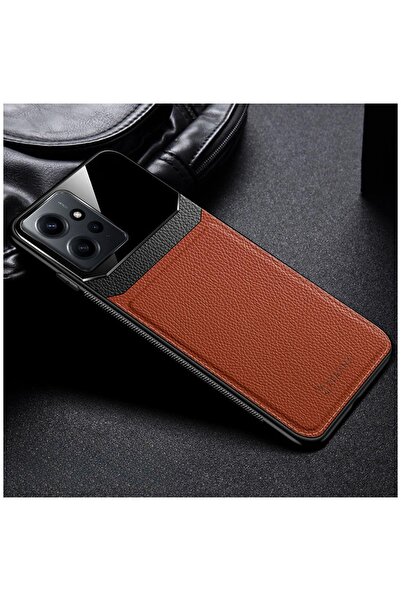 Zebana Xiaomi Redmi Note 12 Uyumlu Kılıf Lens Deri Kılıf Kahverengi