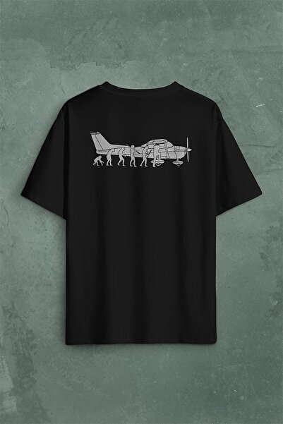 Kendim Seçtim İnsan Maymun Evrim Cessna Uçak Tayyare Sırt Ön Baskılı Oversize...