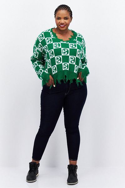 Just Polly Women Plus Size V-neck Checkered Sweaters, Green