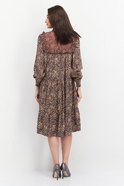 French Connection Women Allover Print Midi Dress, Brown Combo