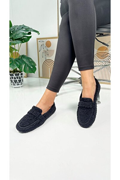 İmerShoes Чорні лофери з плюшевою підкладкою - овальний носок, підошва з низьким візерунком, жіноче взуття на щодень 375