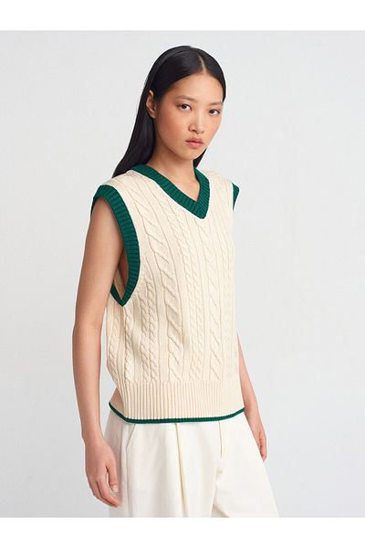 Dilvin 10691 V-Neck Braided Striped Knitwear Sweater-Ecru-Green