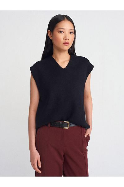 Dilvin 10694 Pulover de tricotaj cu textura moale cu decolteu în V-Negru