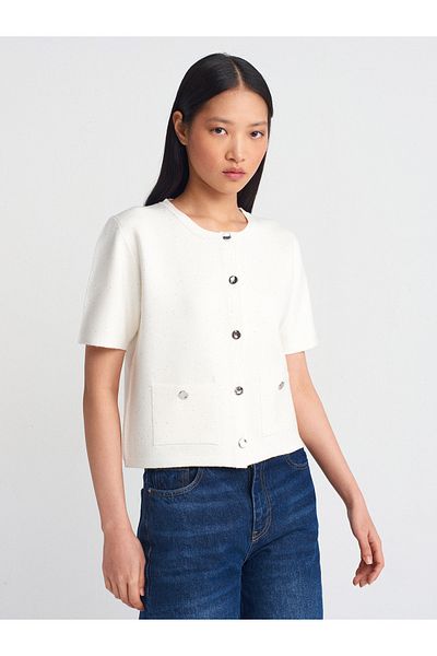Dilvin 60920 Crew Neck Sequin Buttoned Pocket Knitwear Cardigan-Ecru