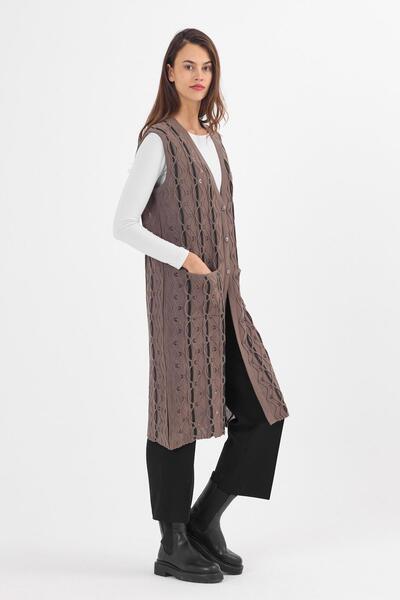 Uludağ Triko Дамски дълъг трикотаж от норка с бляскави усукани шарки и копчета