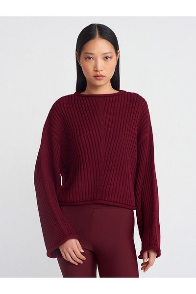 Dilvin 10688 Crew Neck Ribbed Sweater-Claret Red